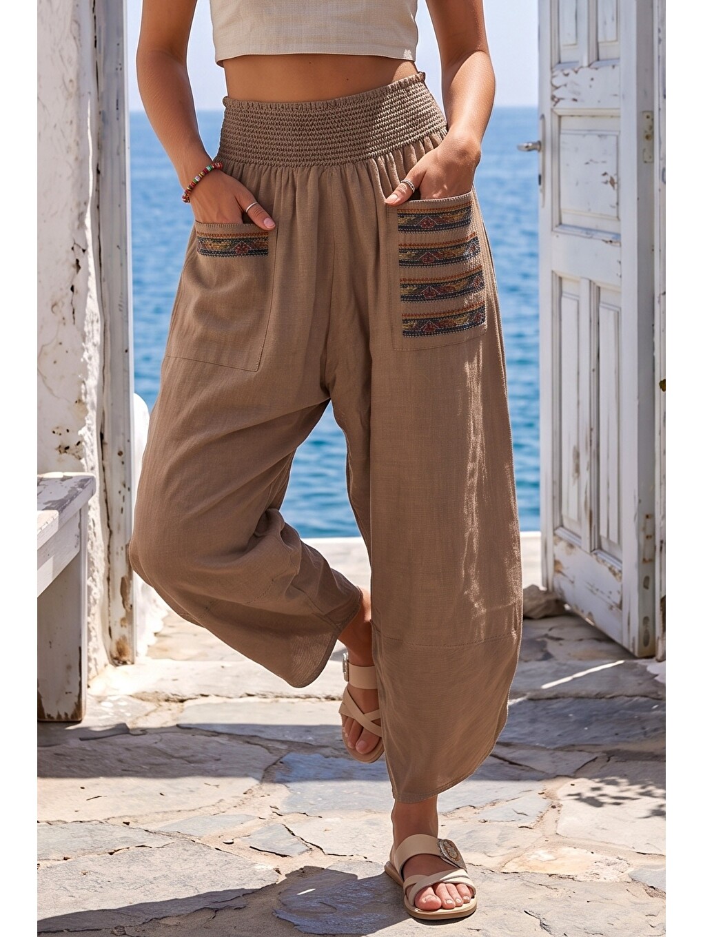 Kahverengi Camel Nakışlı Cepli Lastikli Bel Şalvar Paça Casual Keten Görünümlü Dokuma Pantolon 90 68-7