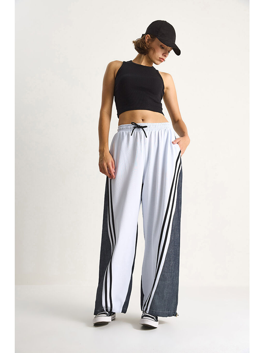 Antrasit Kadın Ayarlanabilir Paça Yüksek Bel Şerit Detaylı Pantolon-2