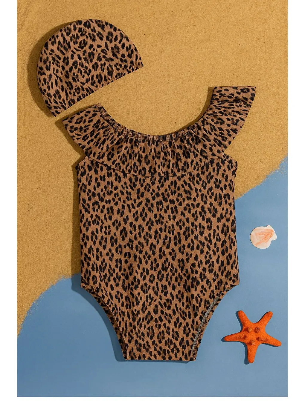 Bej Kız Çocuk Mayo Leopar Desenli Çapraz Fırfırlı Mayo Bone Hediyeli 1-5 Yaş