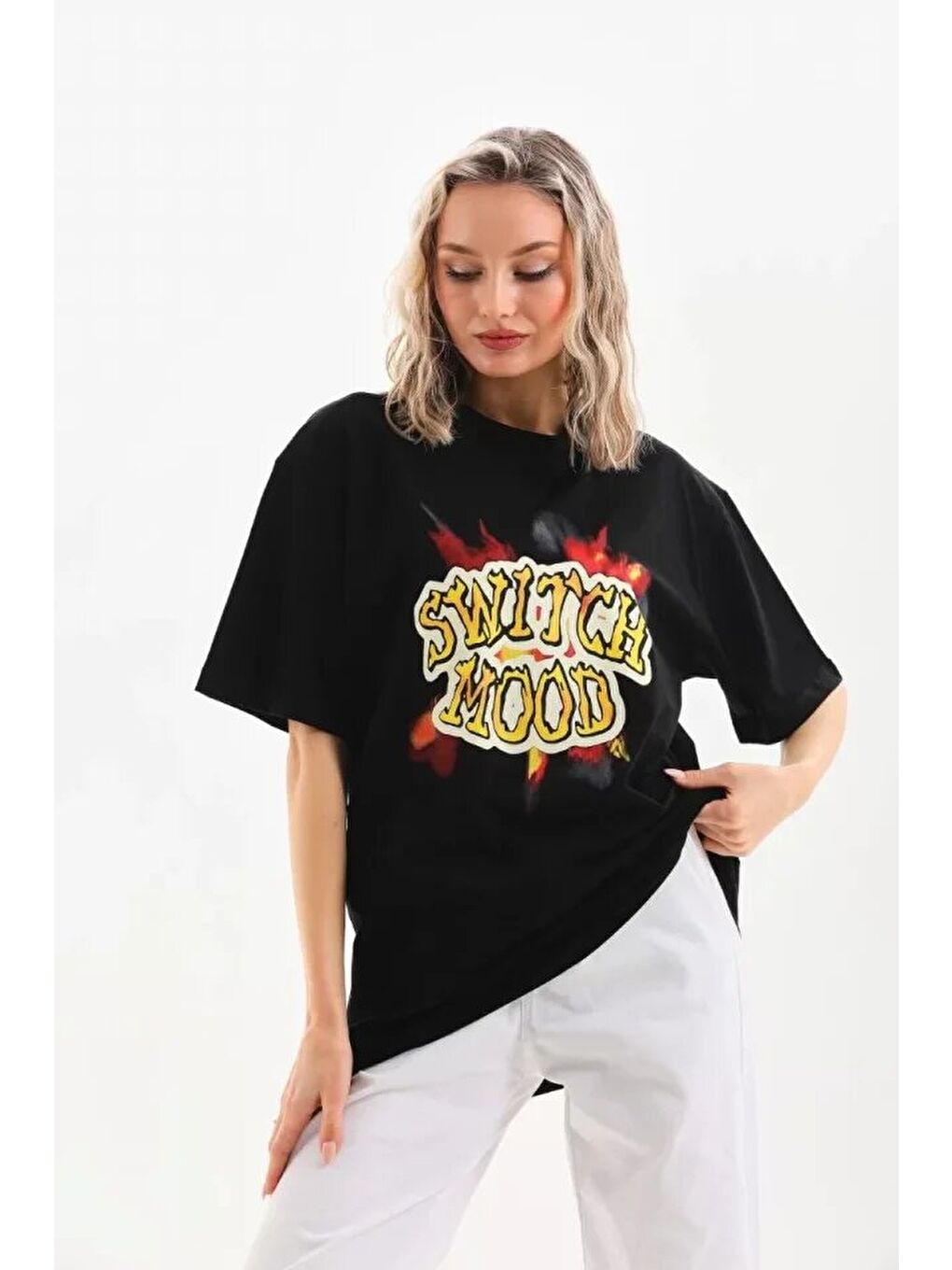 Unisex Baskılı Oversize T-Shirt - Siyah-1