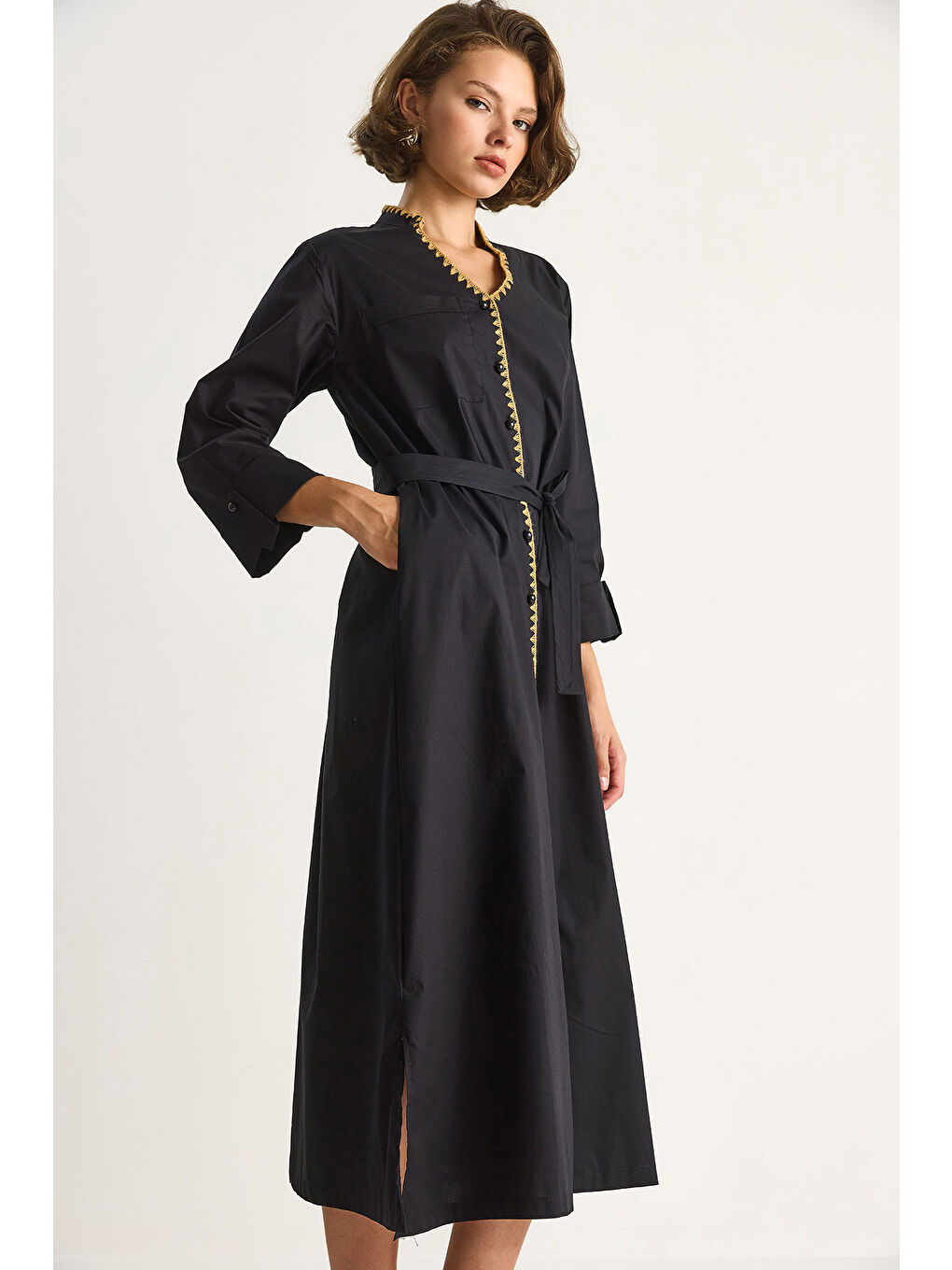 Siyah Kadın Hakim Yaka Cep Detaylı Uzun Elbise-1