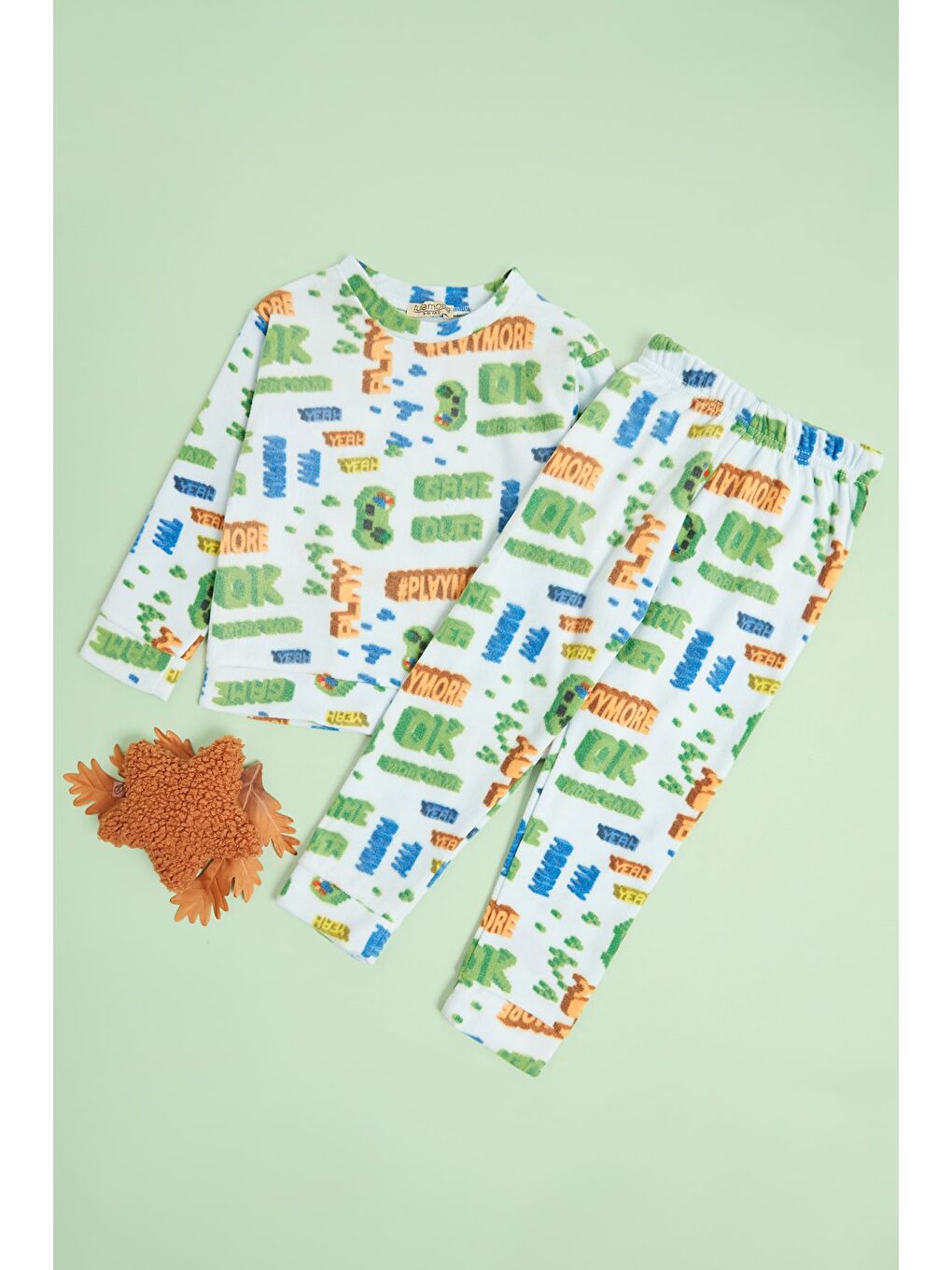 Mavi Ev Desenli Polar Unisex Çocuk Pijama Takımı