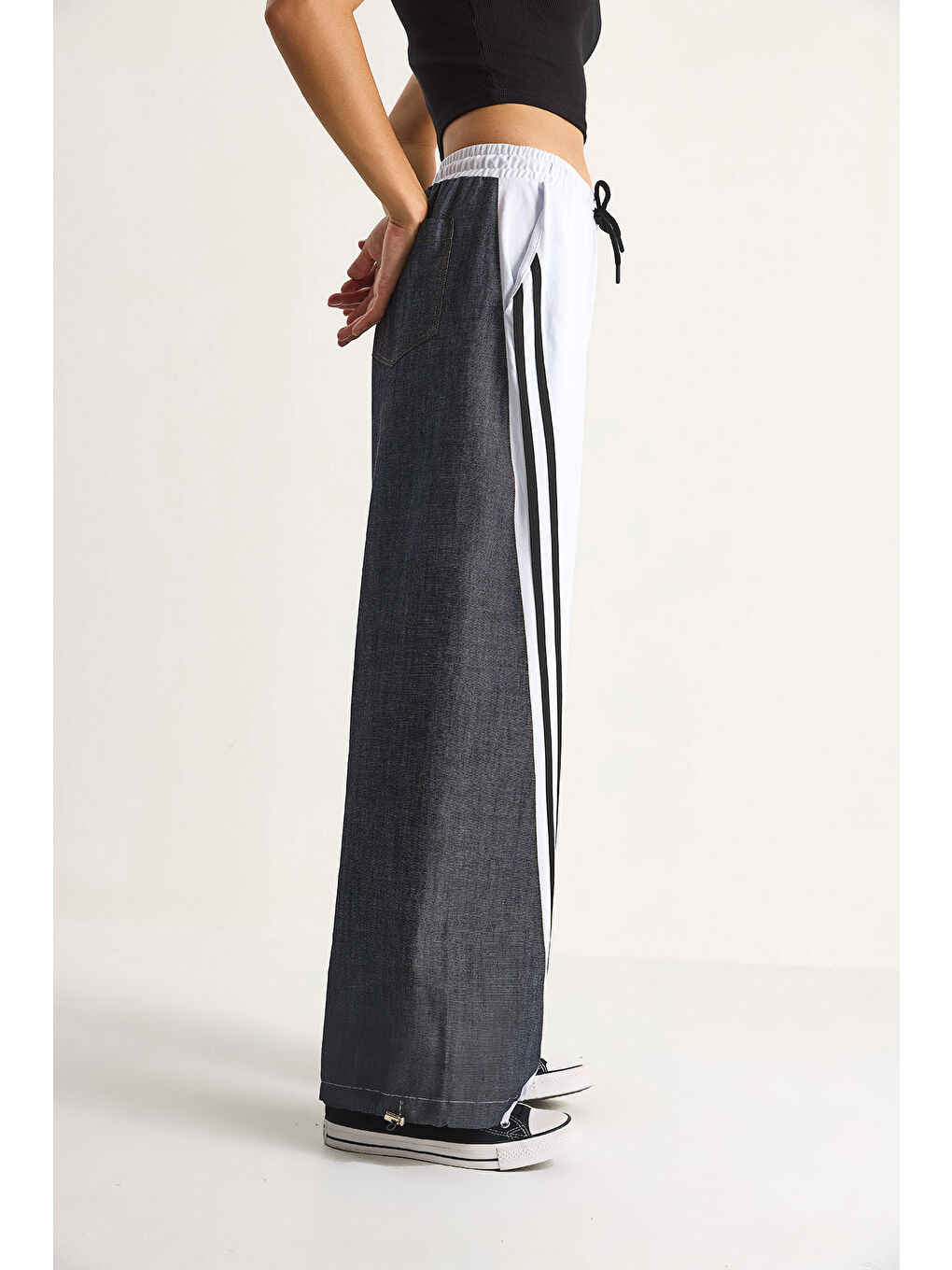 Antrasit Kadın Ayarlanabilir Paça Yüksek Bel Şerit Detaylı Pantolon-4