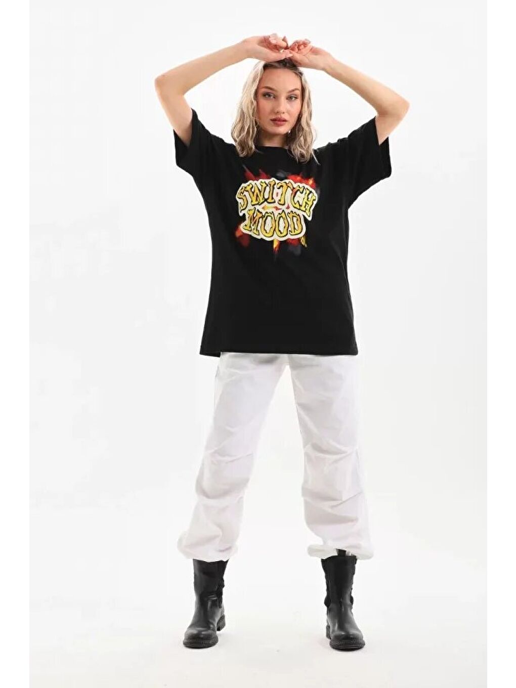 Unisex Baskılı Oversize T-Shirt - Siyah-3