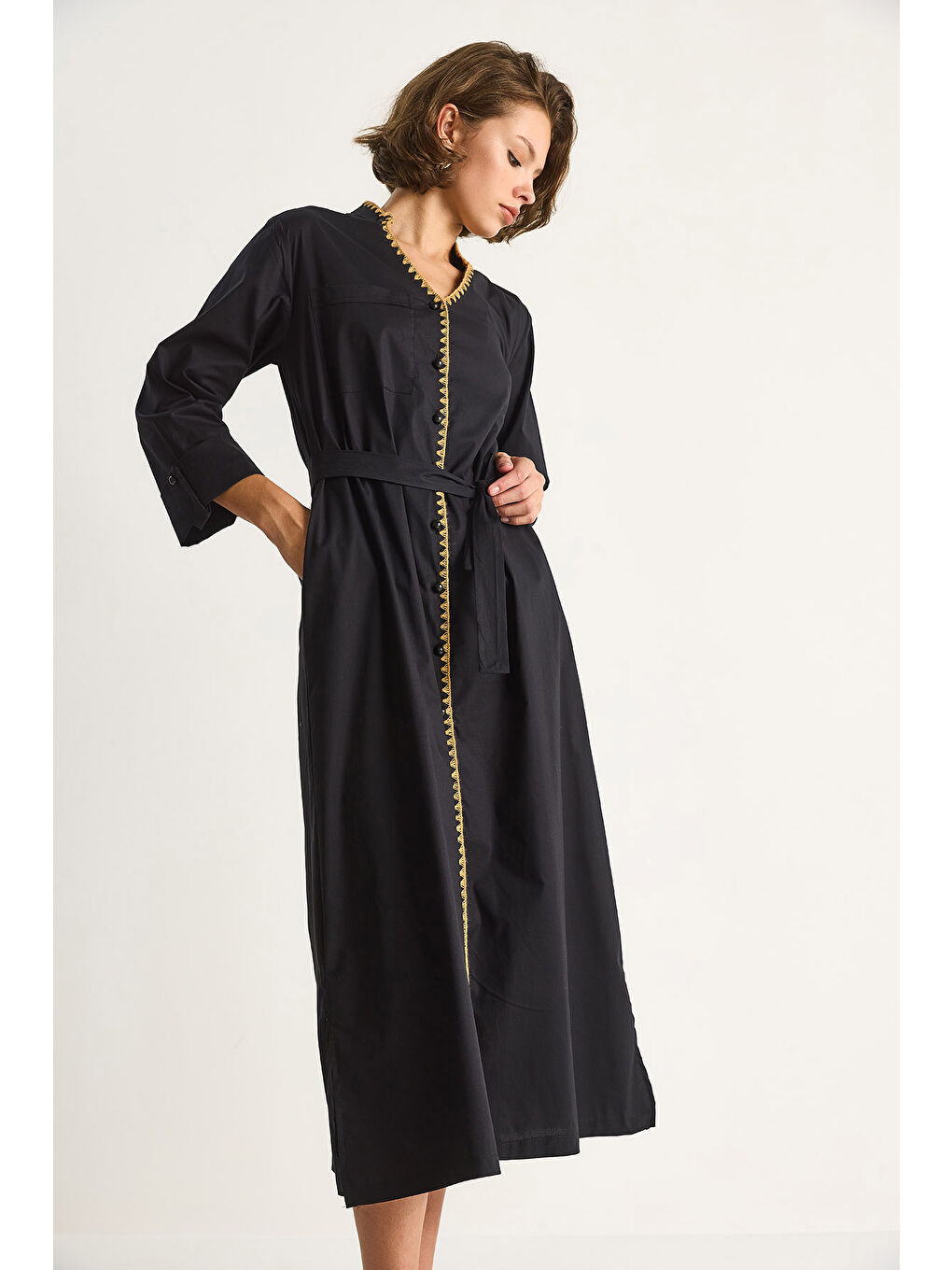 Siyah Kadın Hakim Yaka Cep Detaylı Uzun Elbise-2