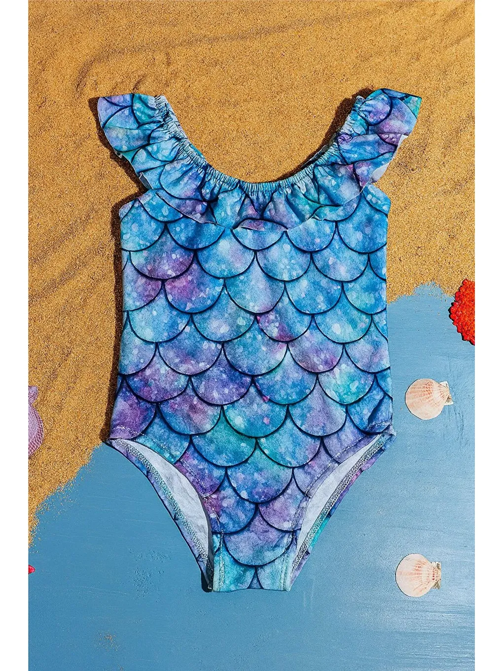 Lacivert Kız Çocuk Mayo Deniz Kızı Desenli Çapraz Fırfırlı Mayo Bone Hediyeli 1-5 Yaş-1