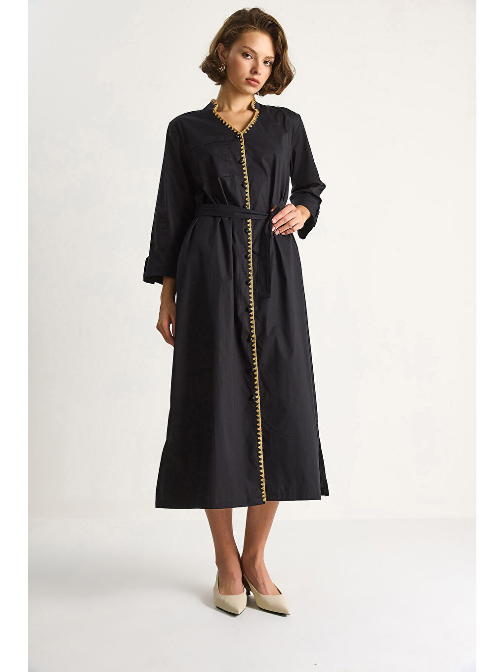 Siyah Kadın Hakim Yaka Cep Detaylı Uzun Elbise-3