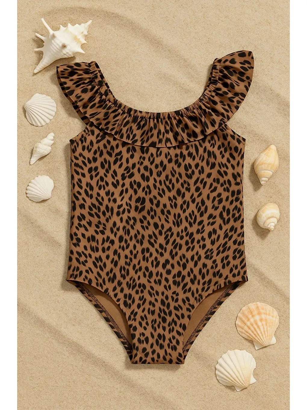 Bej Kız Çocuk Mayo Leopar Desenli Çapraz Fırfırlı Mayo Bone Hediyeli 1-5 Yaş-1