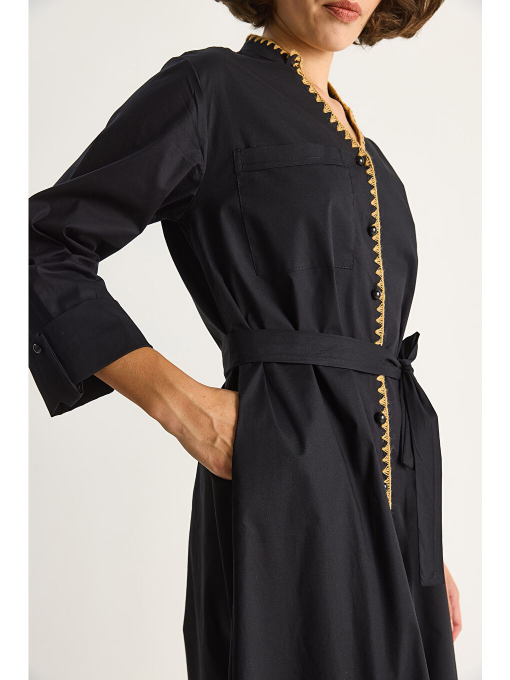 Siyah Kadın Hakim Yaka Cep Detaylı Uzun Elbise-4