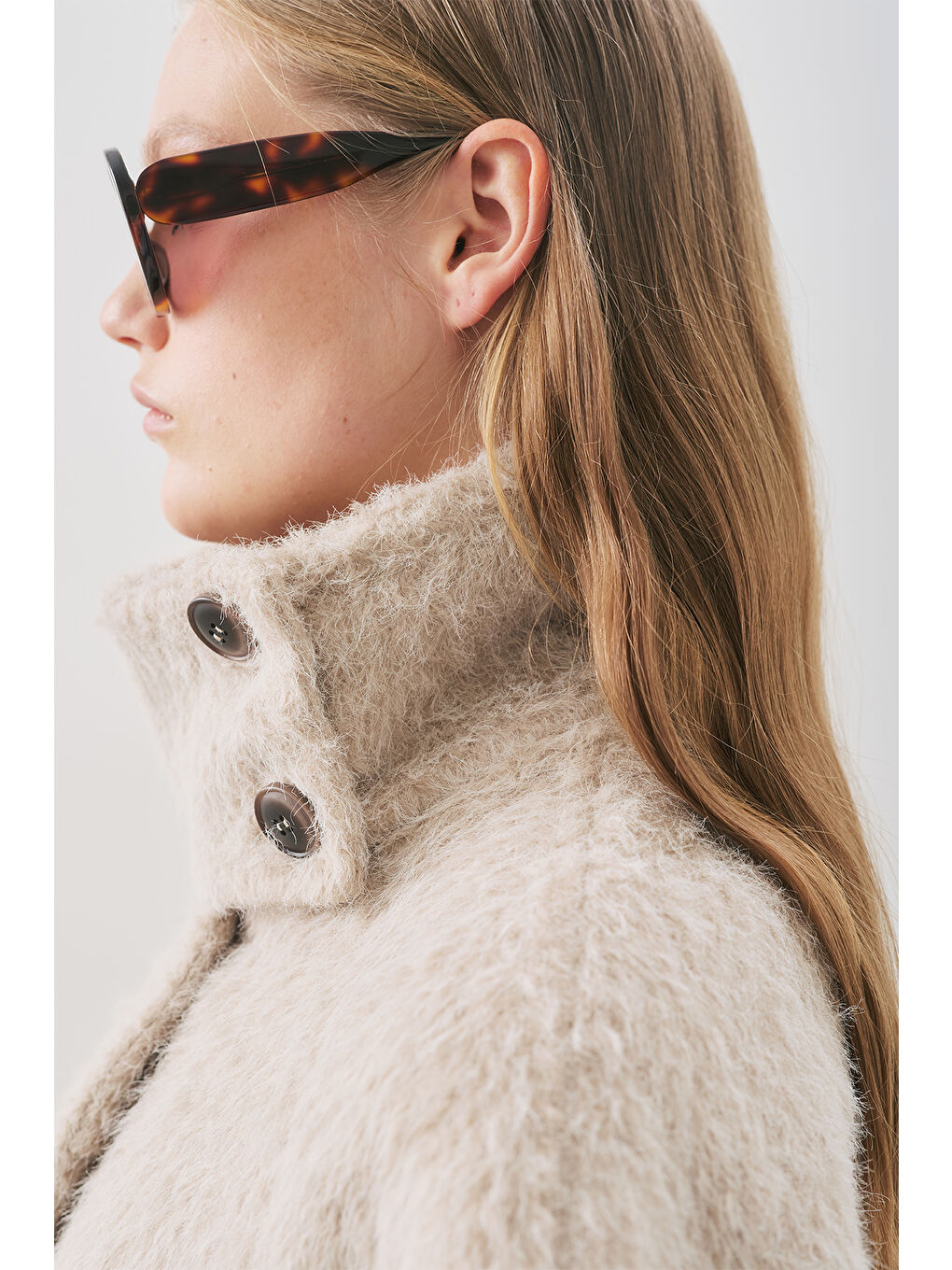 Bej Bouchle Geniş Yakalı Kaban Vizon-1