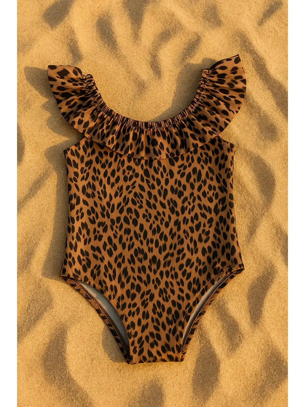 Bej Kız Çocuk Mayo Leopar Desenli Çapraz Fırfırlı Mayo Bone Hediyeli 1-5 Yaş-2