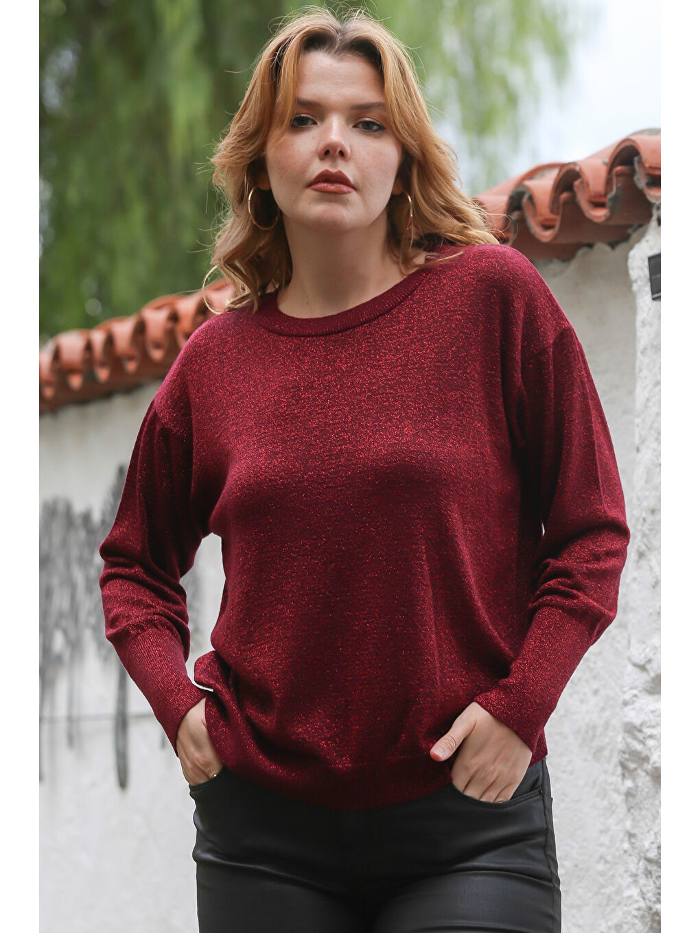 Bordo Yuvarlak Yaka Uzun Kol İnce Simli Triko Kazak 65 62-4