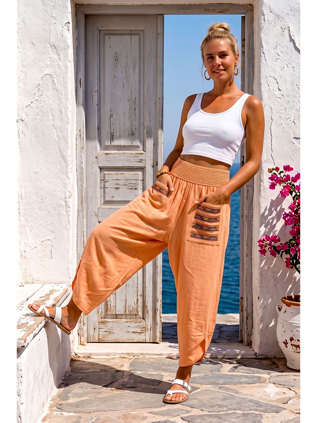 Pembe Somon Rengi Nakışlı Cepli Lastikli Bel Şalvar Paça Casual Keten Görünümlü Dokuma Pantolon 90 68-2