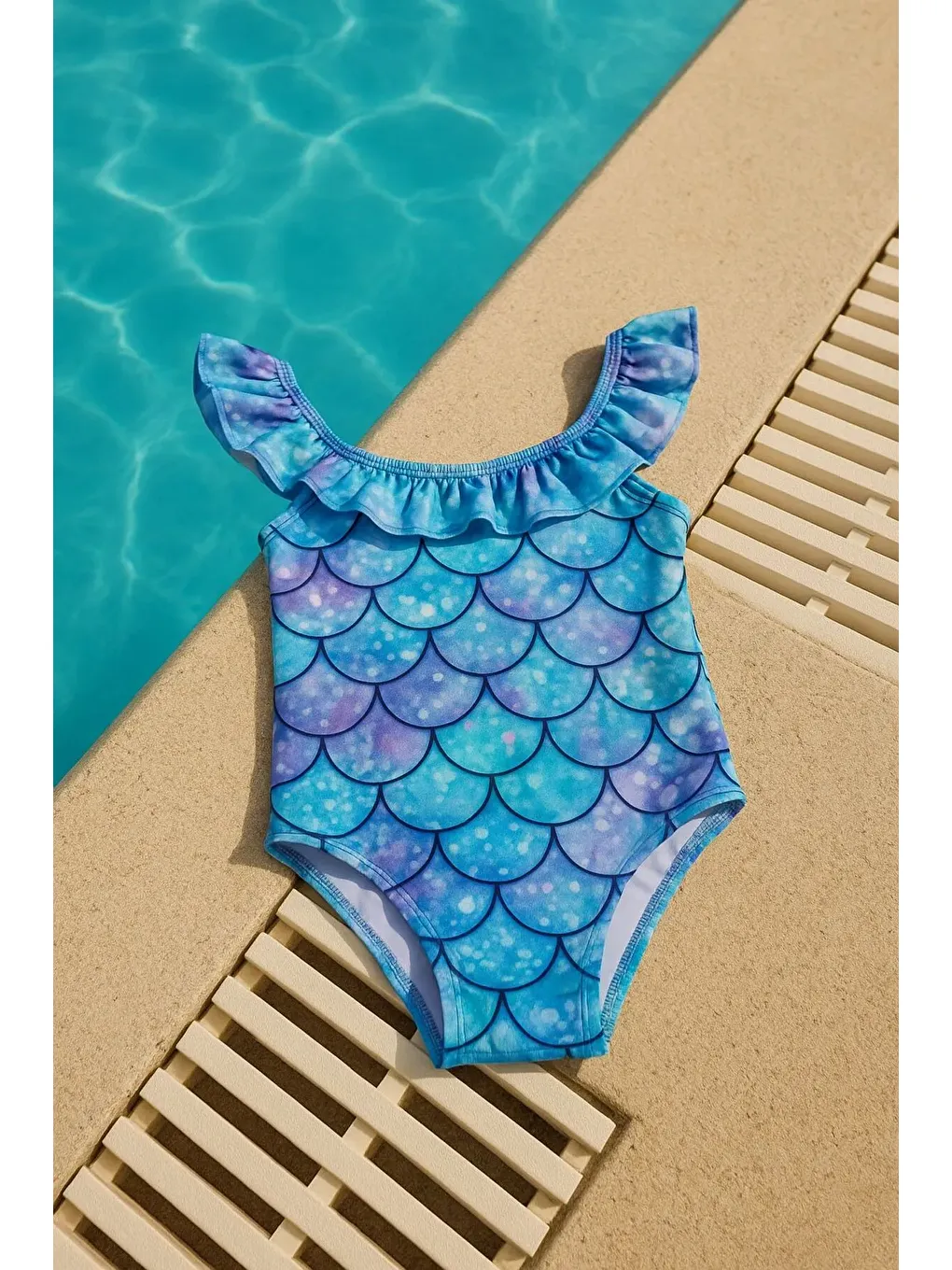 Lacivert Kız Çocuk Mayo Deniz Kızı Desenli Çapraz Fırfırlı Mayo Bone Hediyeli 1-5 Yaş-3