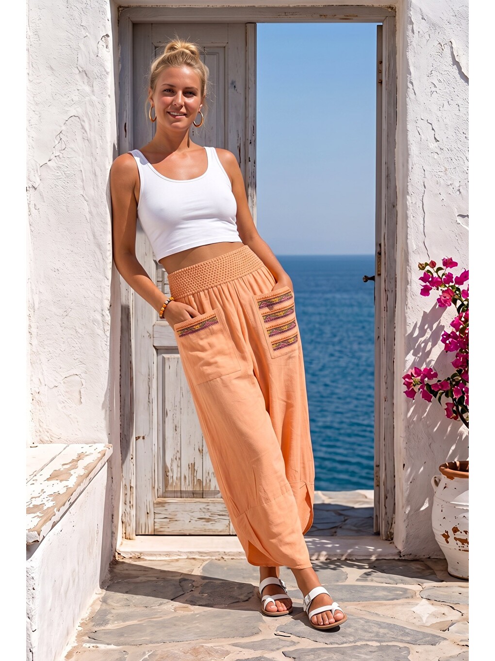 Pembe Somon Rengi Nakışlı Cepli Lastikli Bel Şalvar Paça Casual Keten Görünümlü Dokuma Pantolon 90 68-3