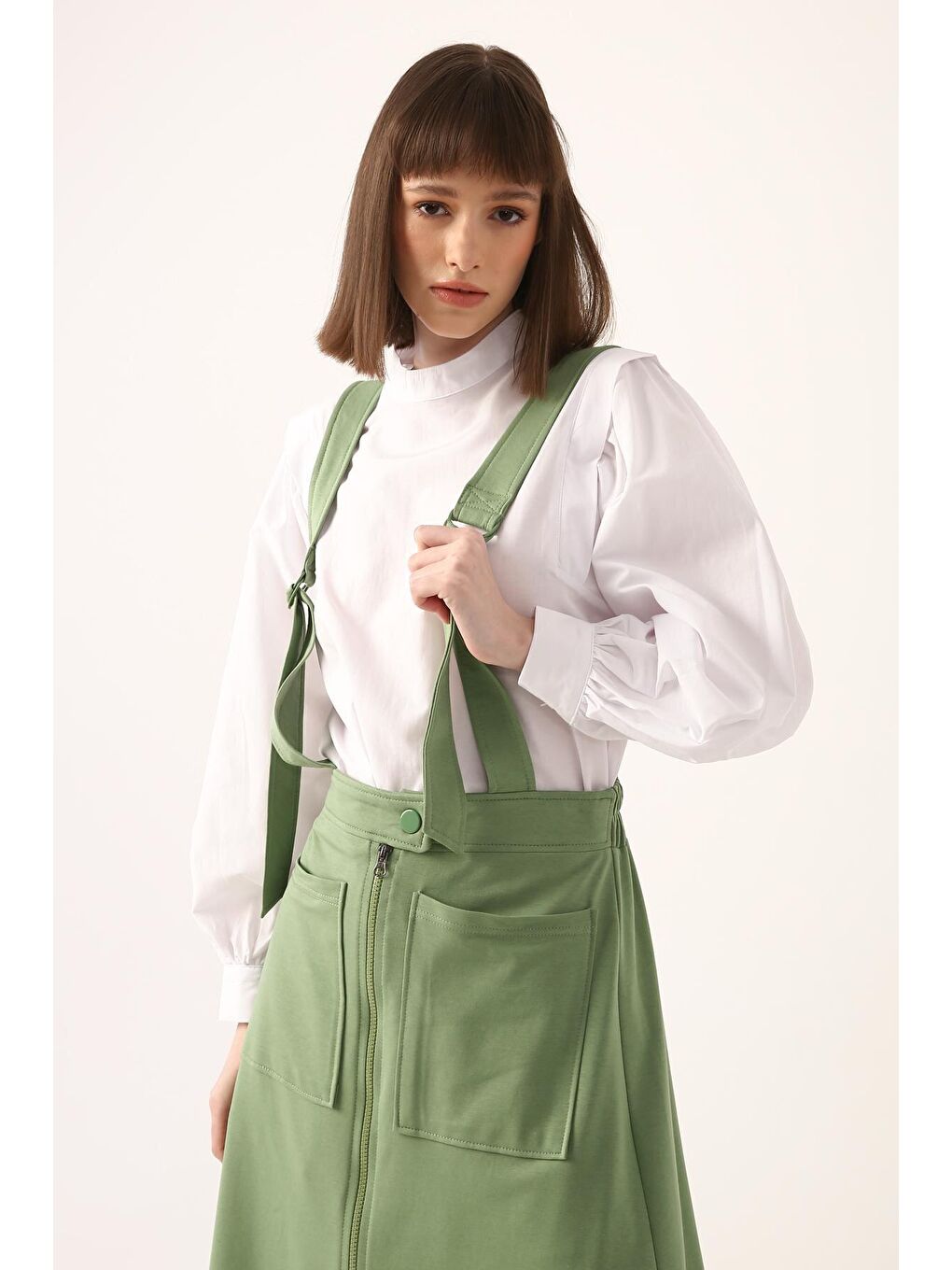 Yeşil Askılı Cepli Fermuarlı Etek