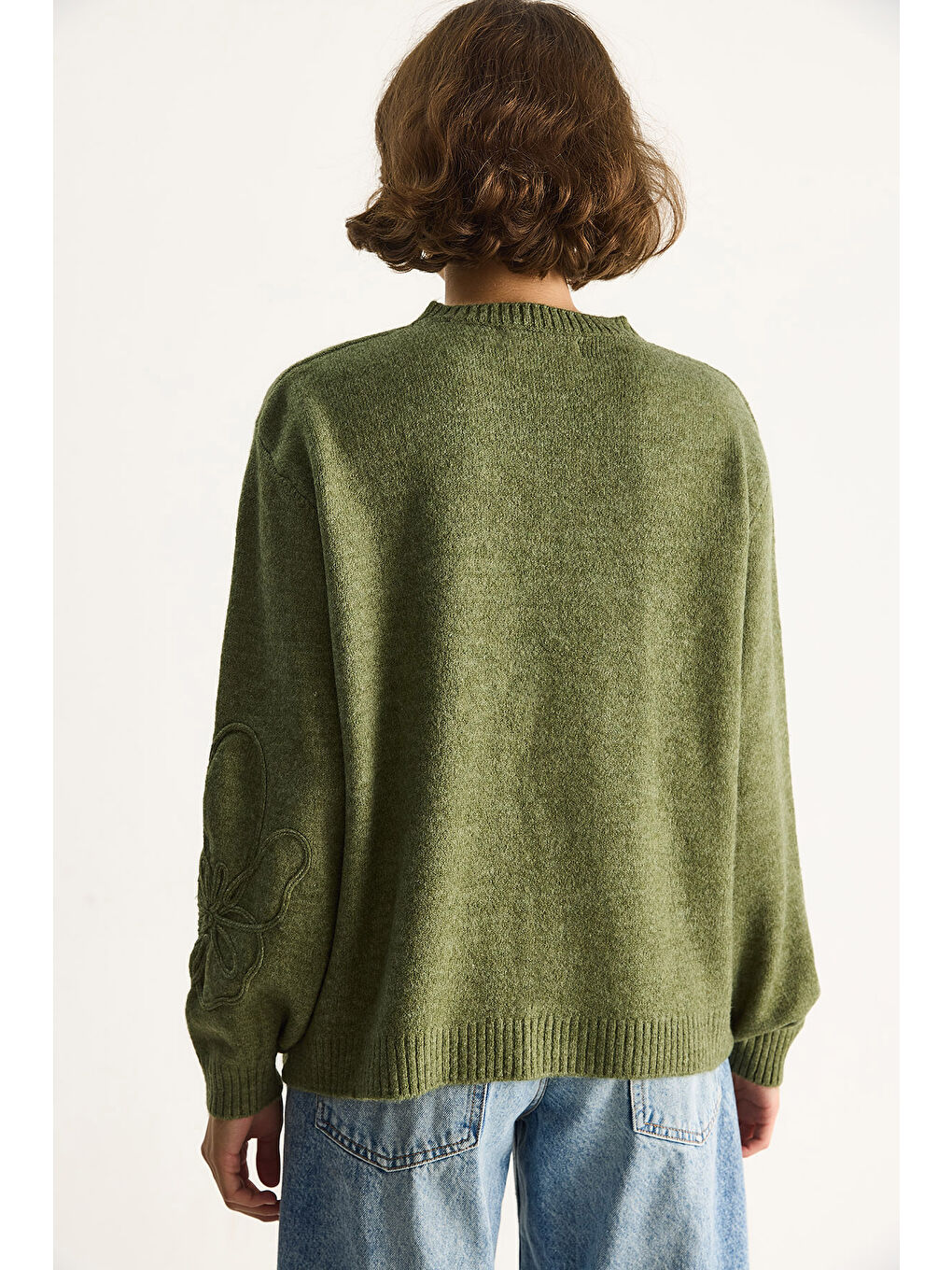 Yeşil Kadın Yumuşak Dokulu Çiçek Desen İşlmeli Triko Kazak-7