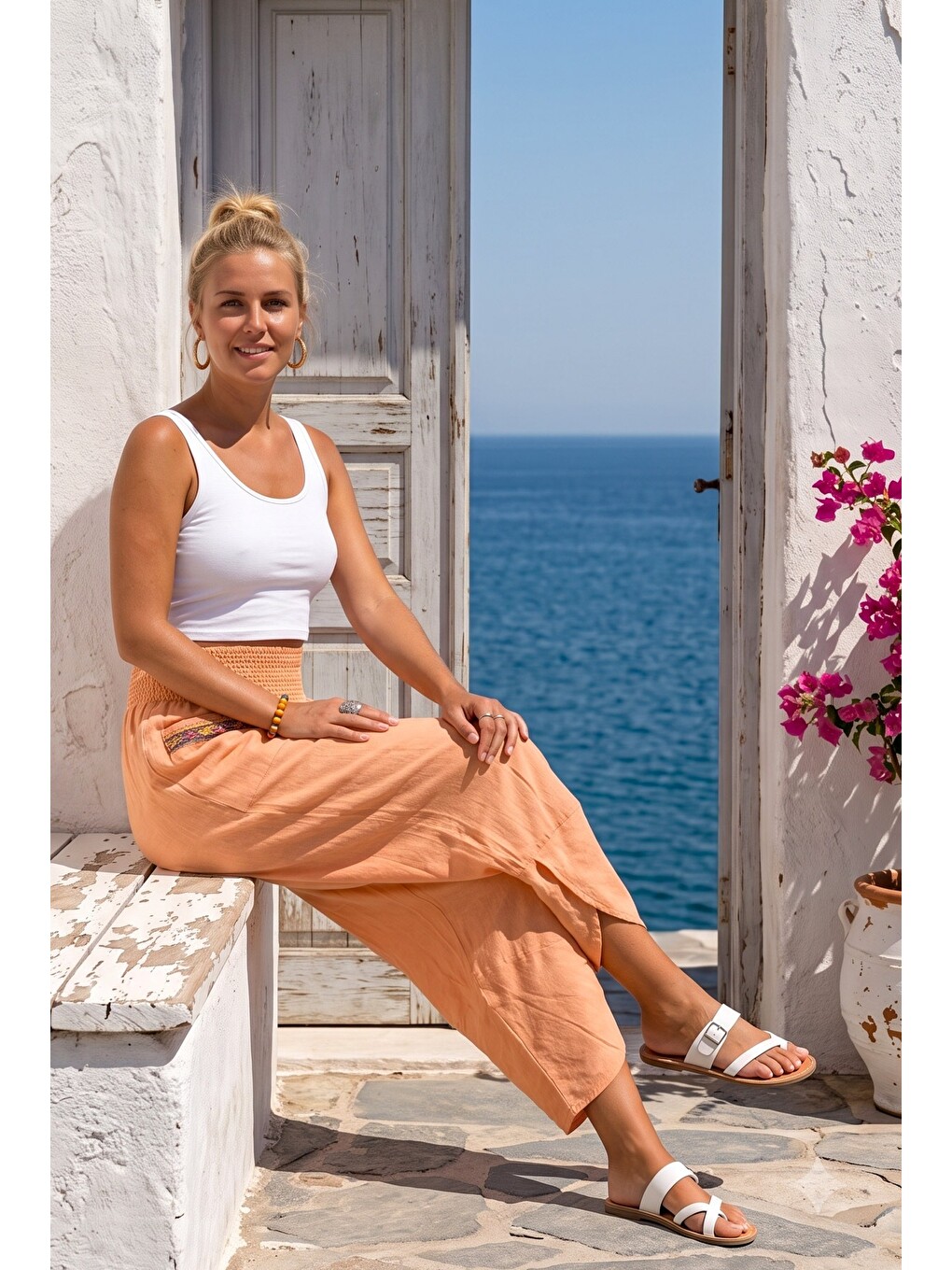Pembe Somon Rengi Nakışlı Cepli Lastikli Bel Şalvar Paça Casual Keten Görünümlü Dokuma Pantolon 90 68-6