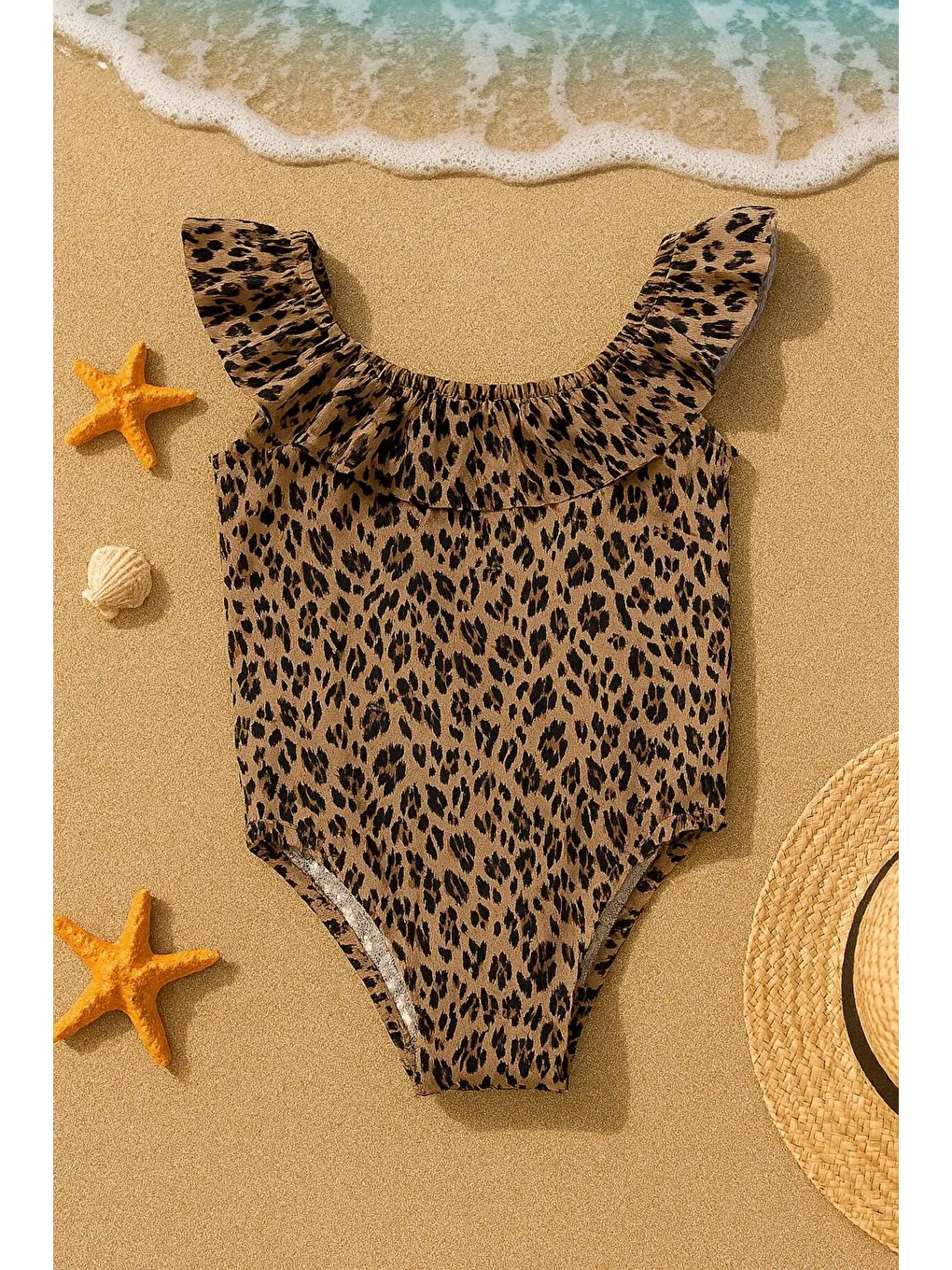 Bej Kız Çocuk Mayo Leopar Desenli Çapraz Fırfırlı Mayo Bone Hediyeli 1-5 Yaş-3