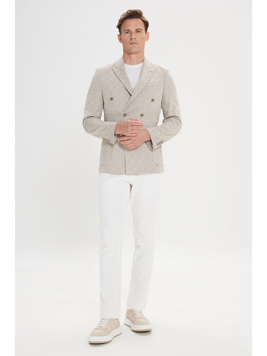 Erkek Bej Dar Kesim Kırlangıç Yaka Pamuklu Desenli Blazer Ceket-1