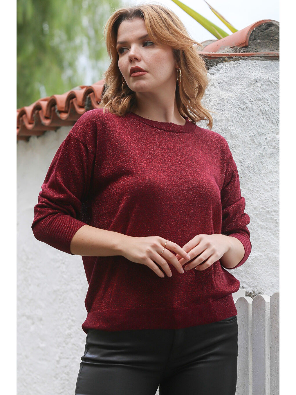 Bordo Yuvarlak Yaka Uzun Kol İnce Simli Triko Kazak 65 62-6