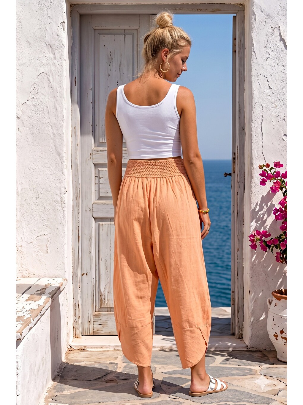 Pembe Somon Rengi Nakışlı Cepli Lastikli Bel Şalvar Paça Casual Keten Görünümlü Dokuma Pantolon 90 68-7