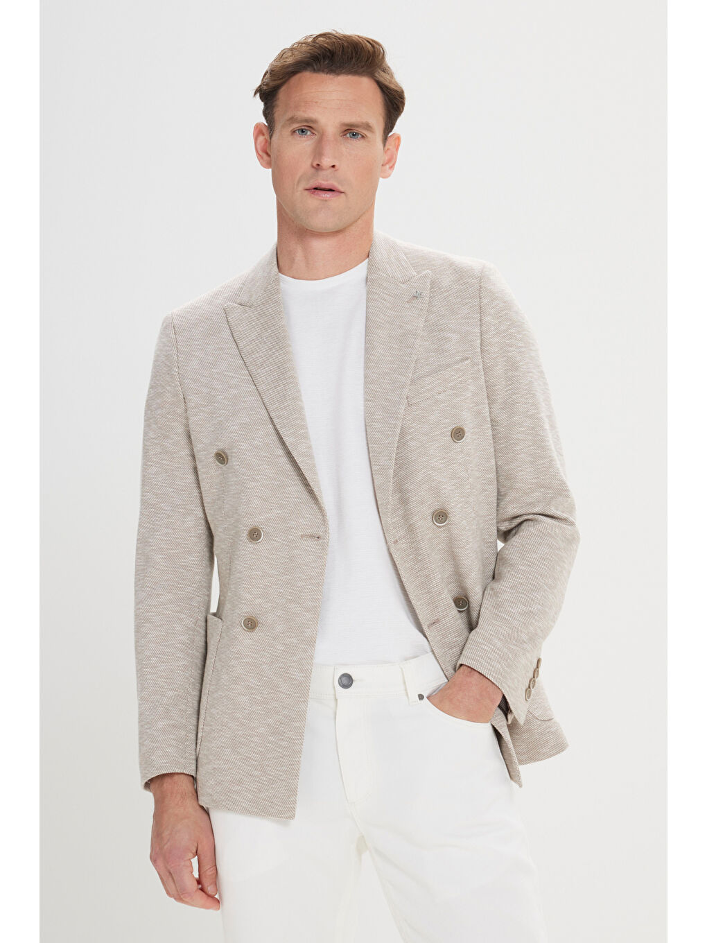 Erkek Bej Dar Kesim Kırlangıç Yaka Pamuklu Desenli Blazer Ceket-2