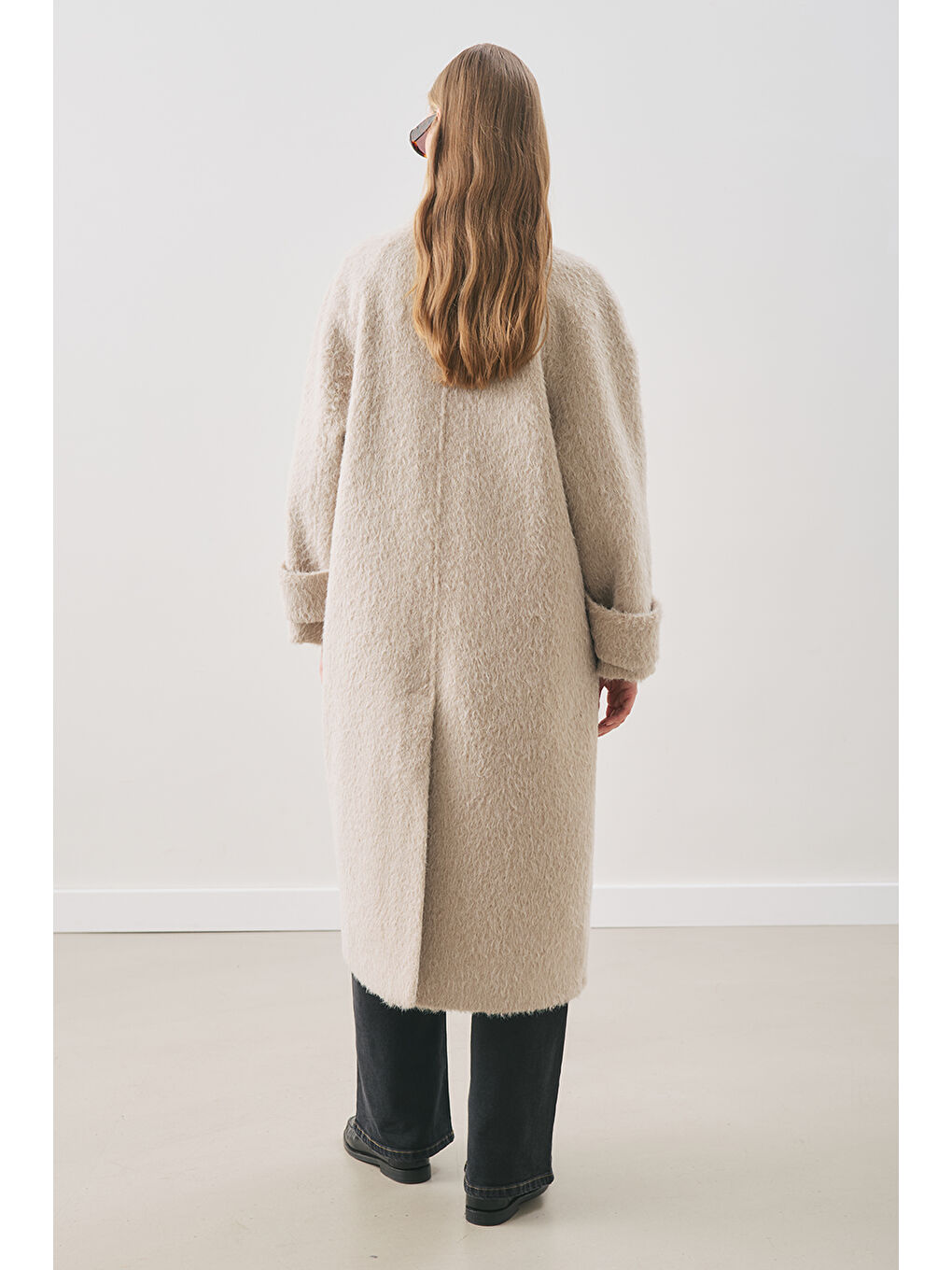 Bej Bouchle Geniş Yakalı Kaban Vizon-7