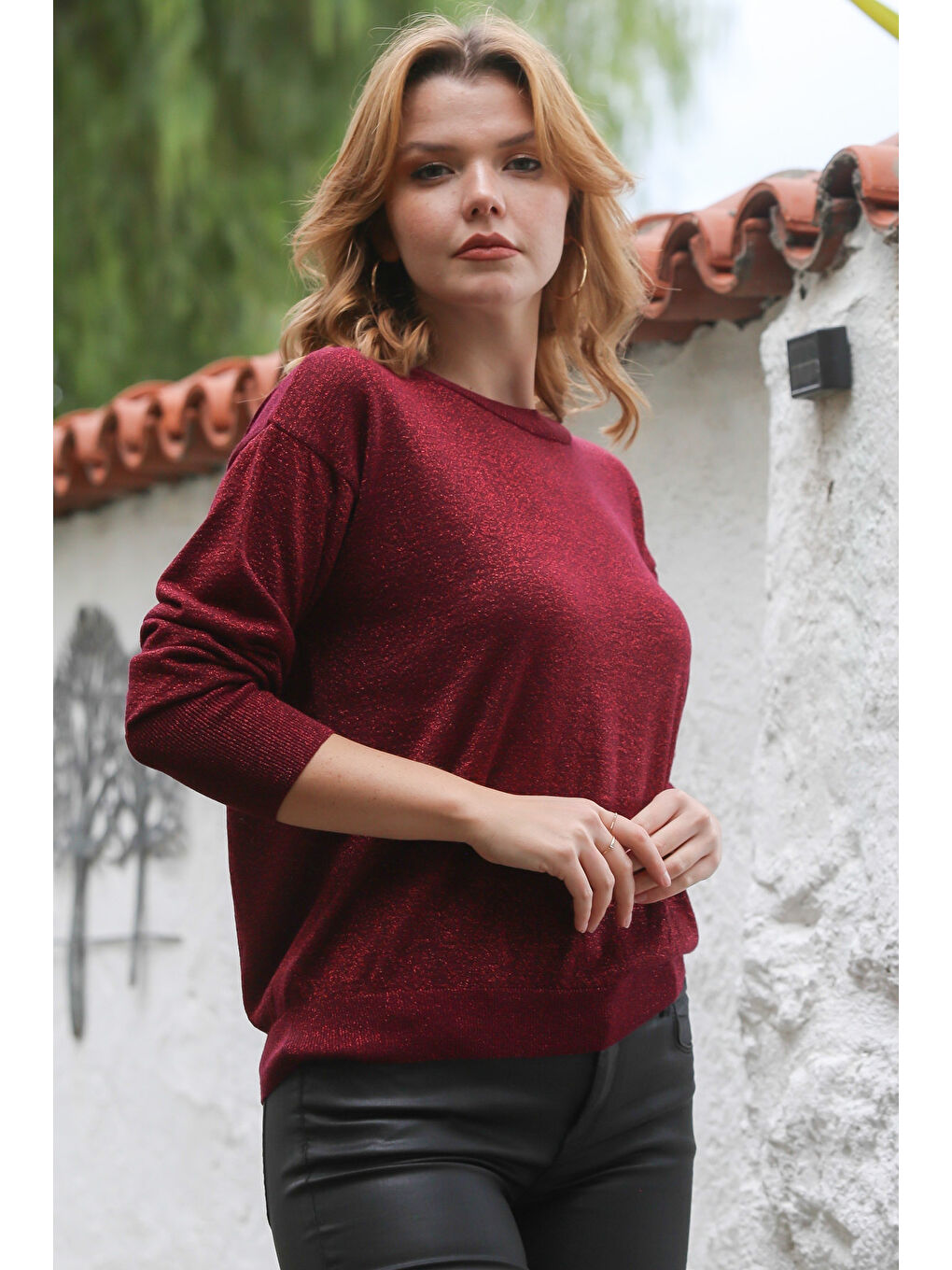 Bordo Yuvarlak Yaka Uzun Kol İnce Simli Triko Kazak 65 62-7