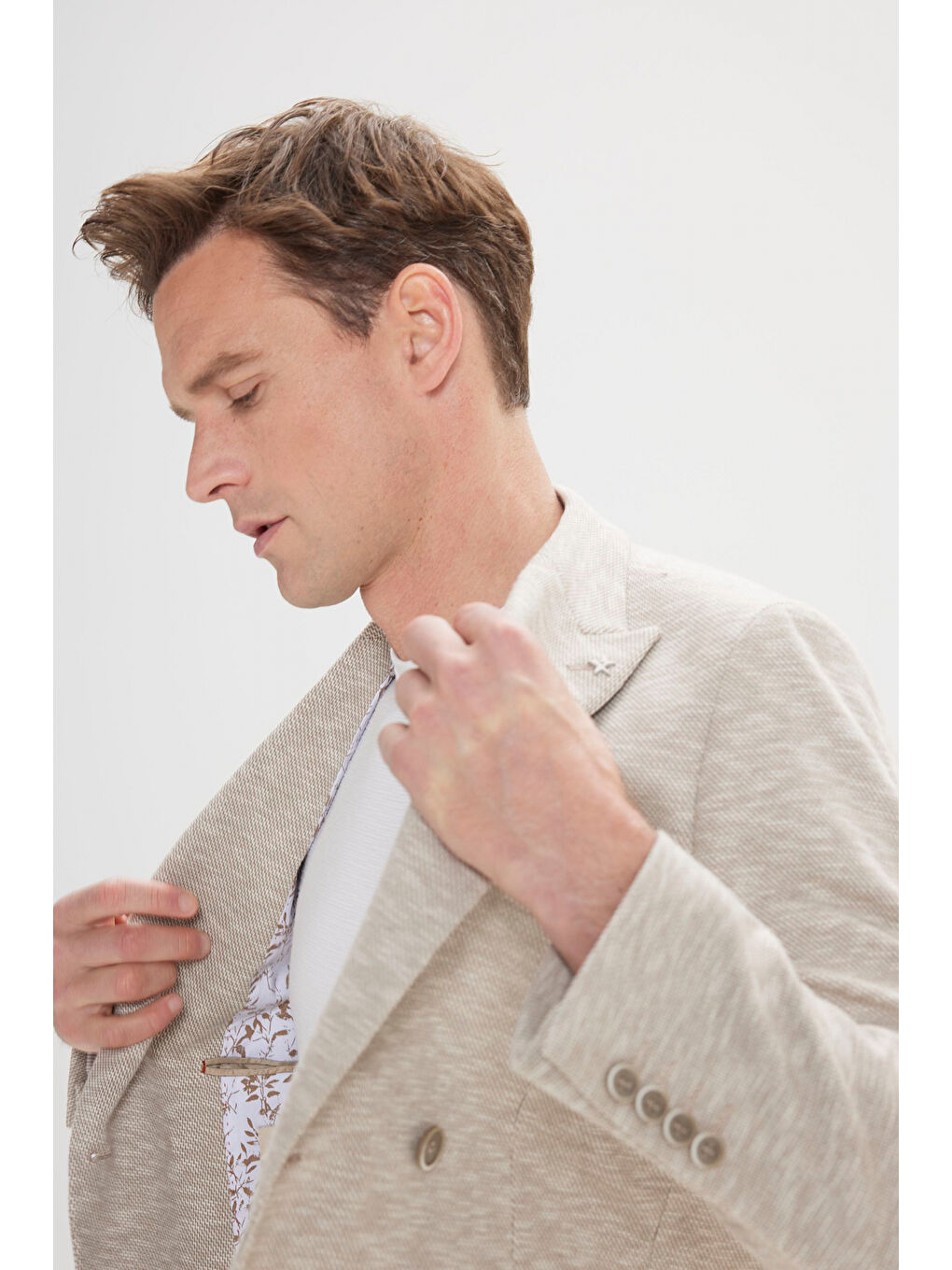 Erkek Bej Dar Kesim Kırlangıç Yaka Pamuklu Desenli Blazer Ceket-3