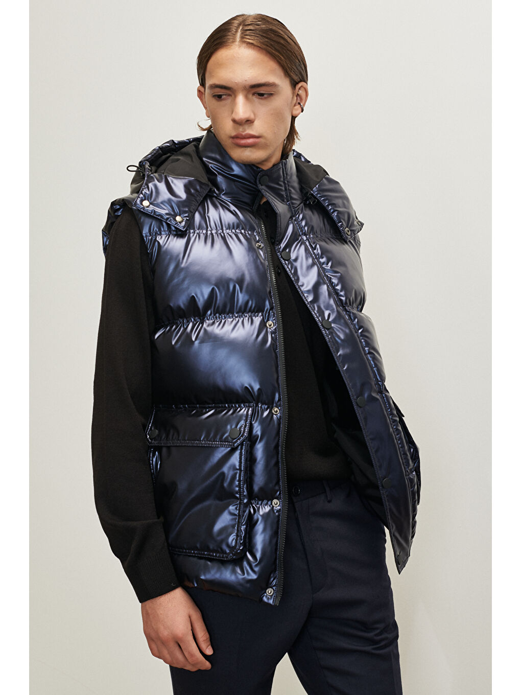 Erkek Lacivert Standart Fit Normal Kesim Kapüşonlu Şişme Yelek-2