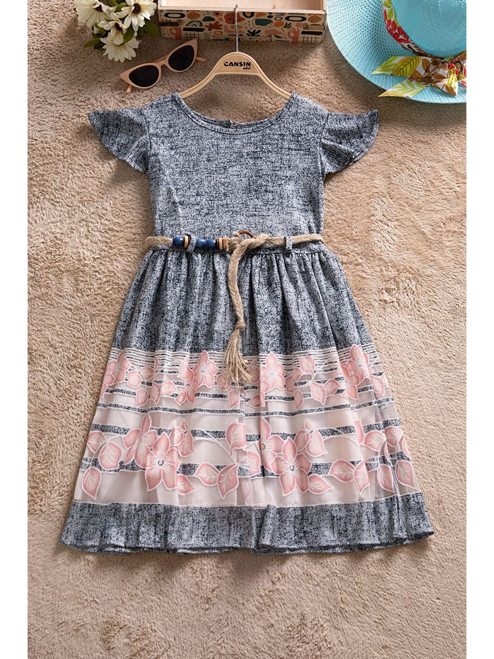 Lacivert Çiçek Desenli Hasır Kuşaklı Kısa Kol Kız Çocuk Elbise 22649