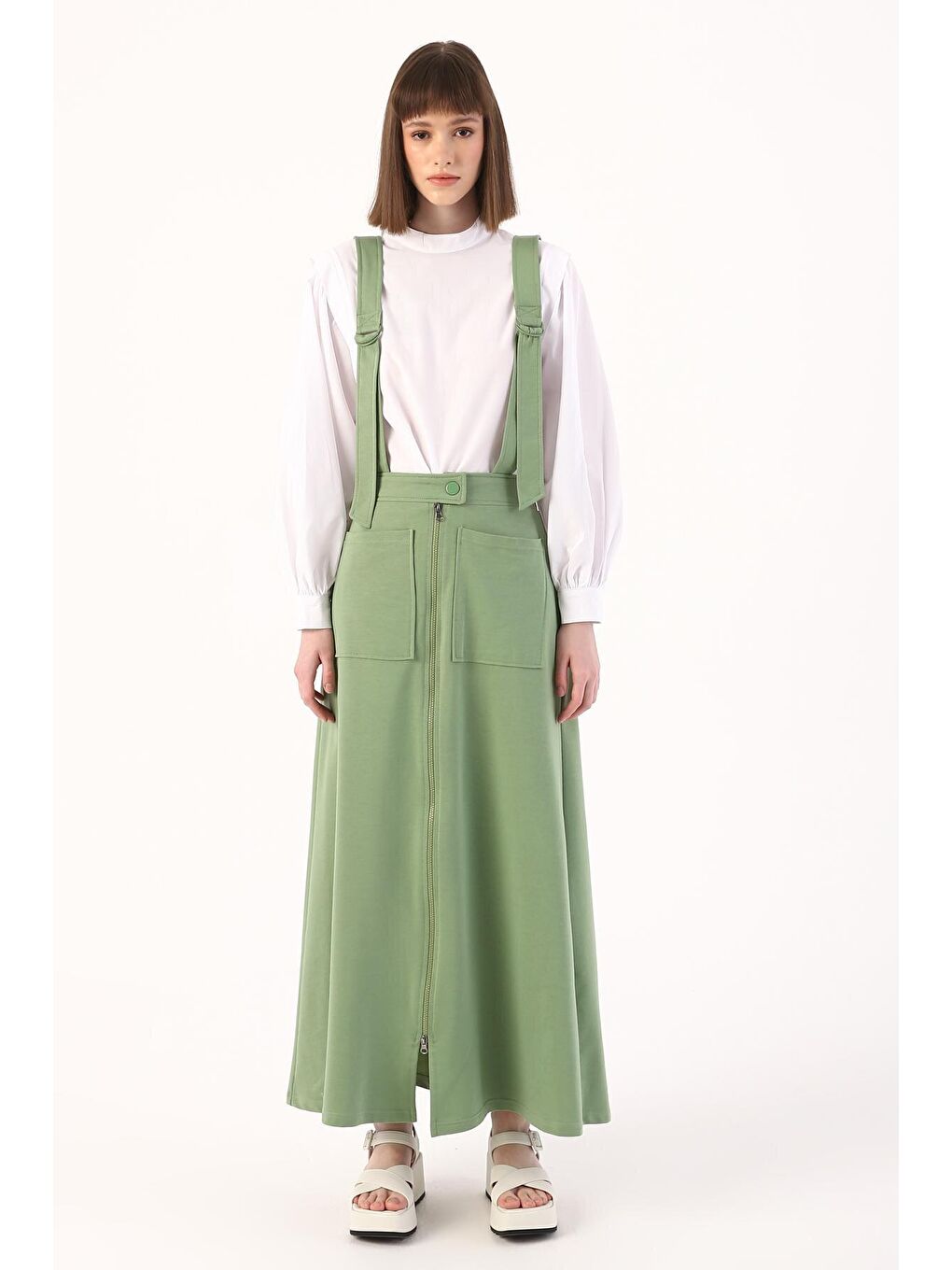 Yeşil Askılı Cepli Fermuarlı Etek-1