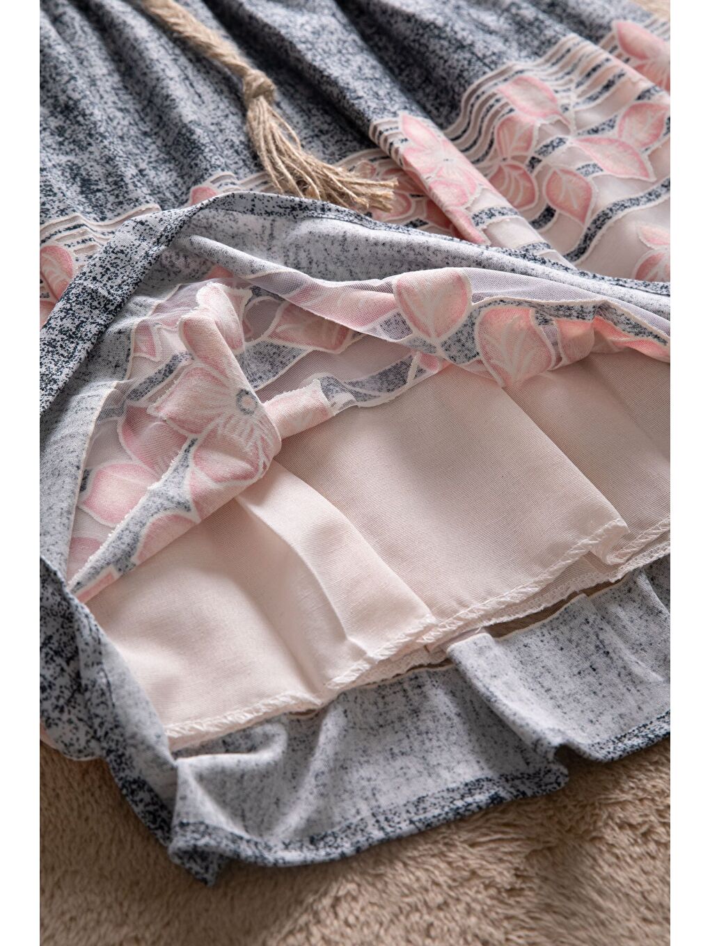 Lacivert Çiçek Desenli Hasır Kuşaklı Kısa Kol Kız Çocuk Elbise 22649-3