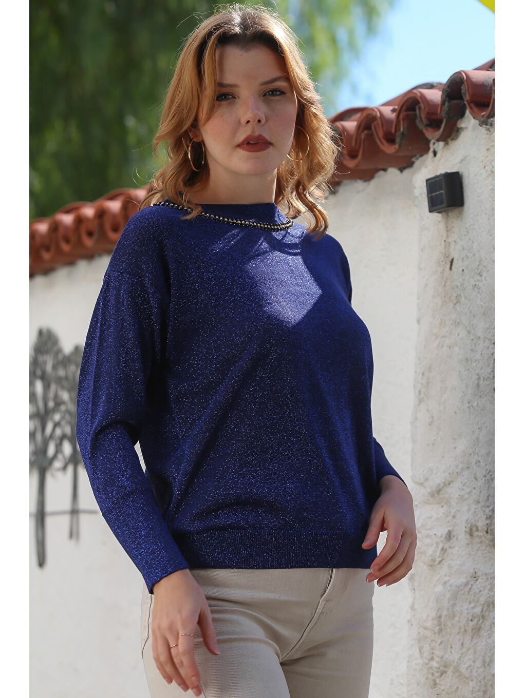 Lacivert Yuvarlak Yaka Uzun Kol İnce Taşlı Simli Triko Kazak 65 62-4