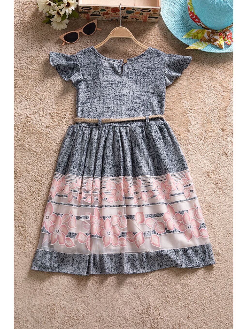 Lacivert Çiçek Desenli Hasır Kuşaklı Kısa Kol Kız Çocuk Elbise 22649-4