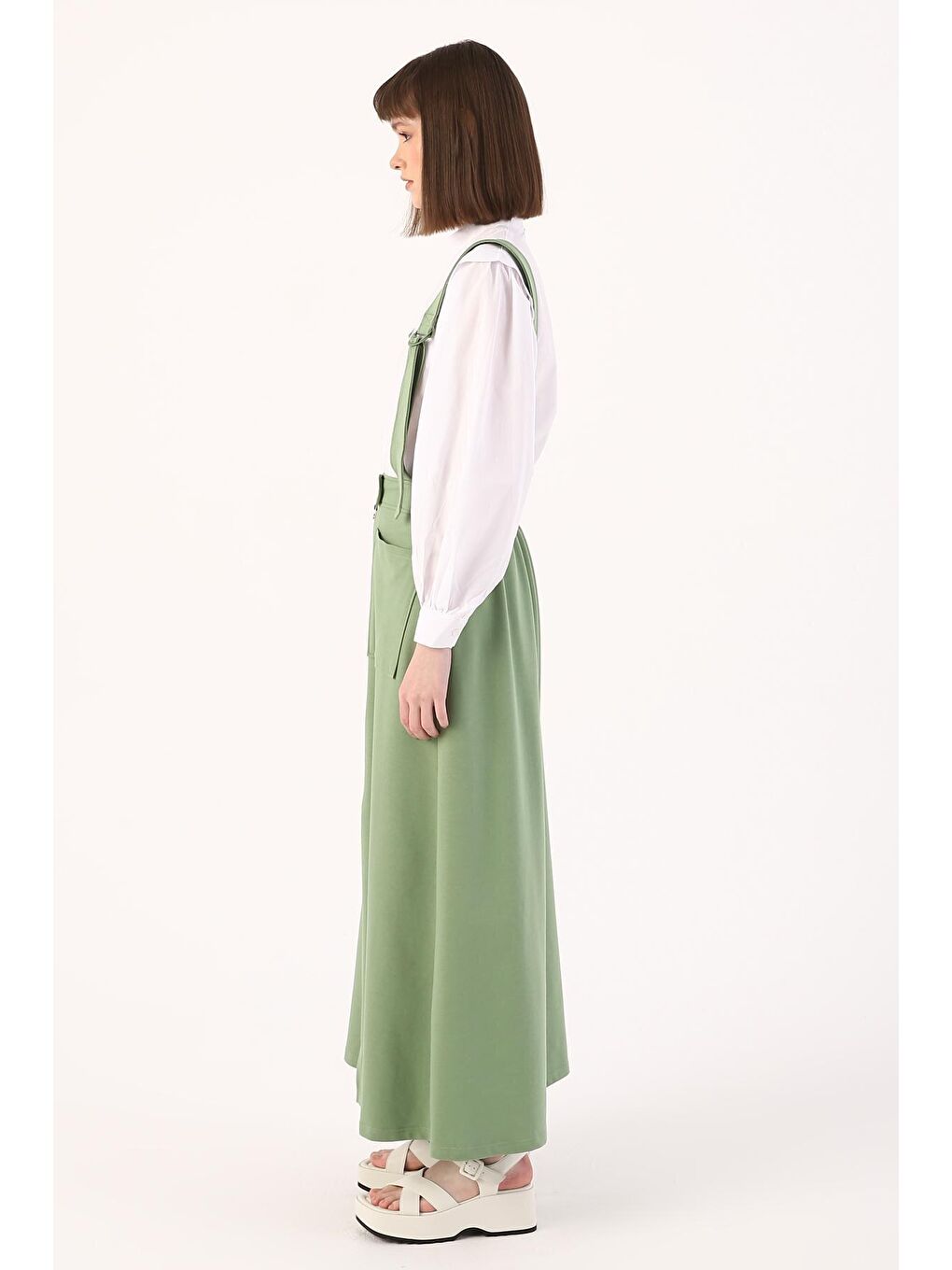 Yeşil Askılı Cepli Fermuarlı Etek-2