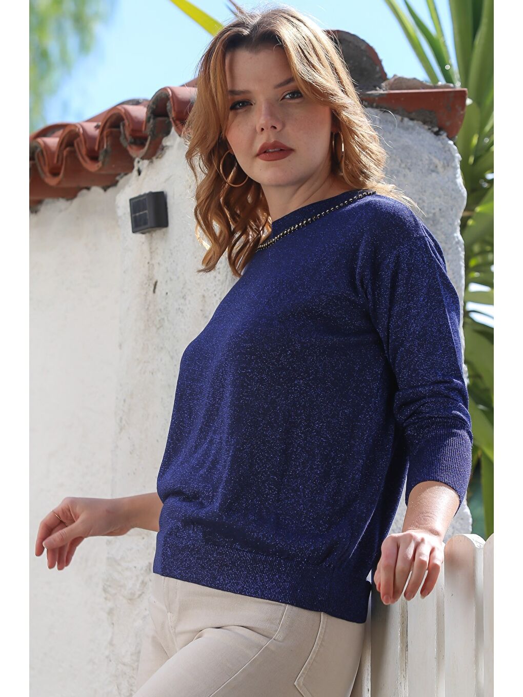 Lacivert Yuvarlak Yaka Uzun Kol İnce Taşlı Simli Triko Kazak 65 62-5