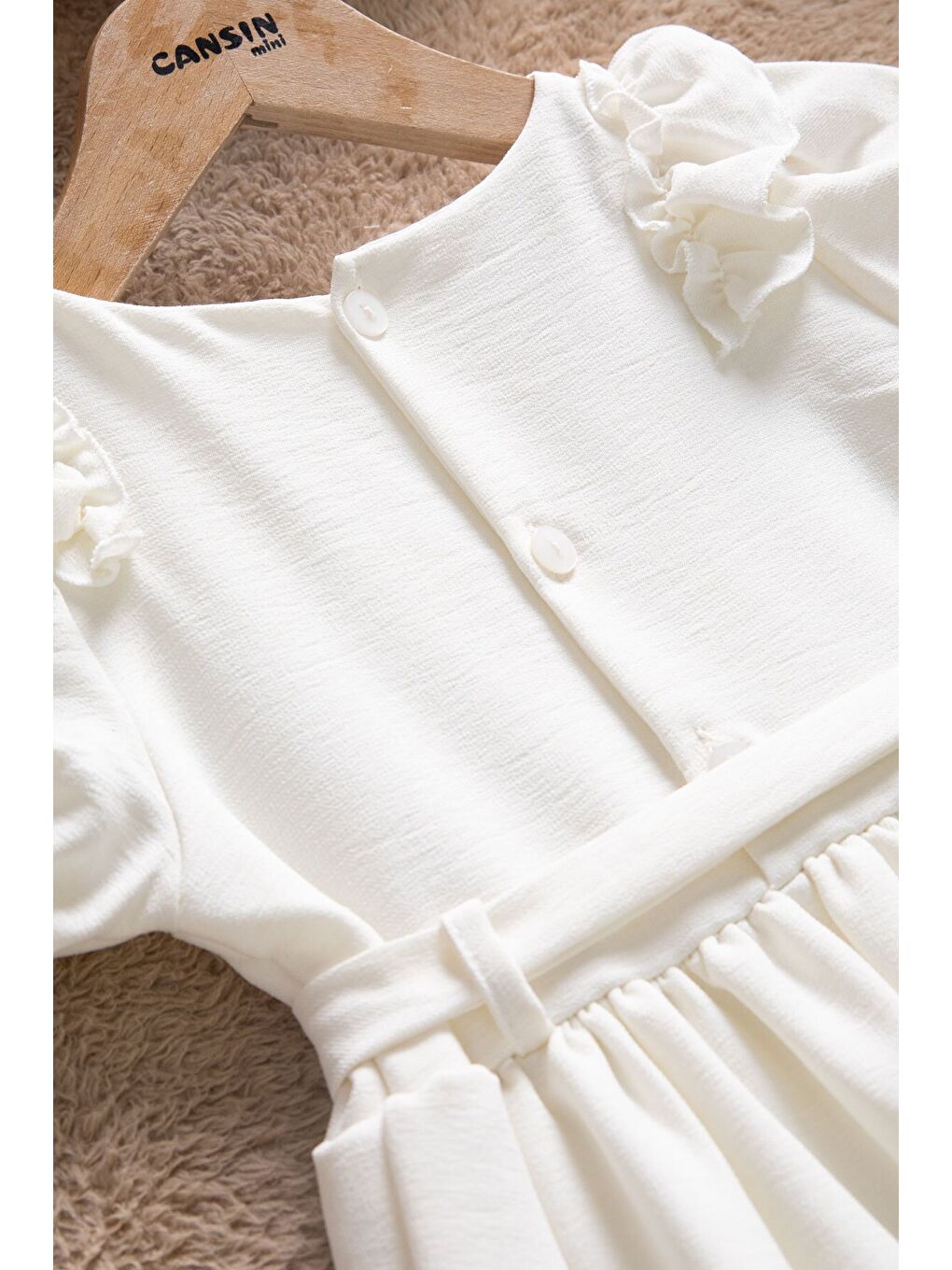 Ekru Fırfır Detaylı Kuşaklı Kız Çocuk Kısa Kol Elbise 22664-4