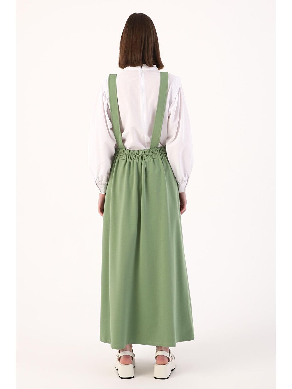 Yeşil Askılı Cepli Fermuarlı Etek-3