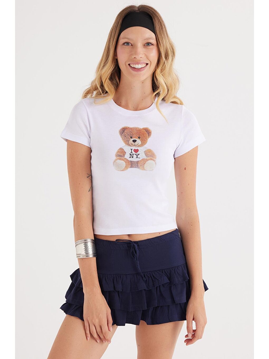 Kadın Slim Fit Dar Kesim Kısa Kollu Bisiklet Yaka Baskılı Beyaz Tişört-3