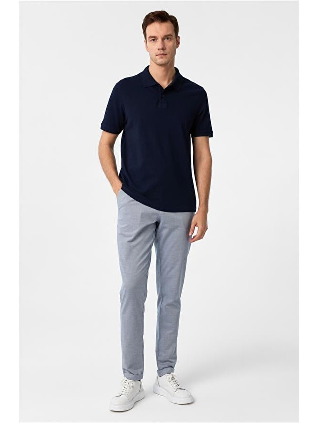 Lacivert Regular Düz Polo Yaka Tişört-4