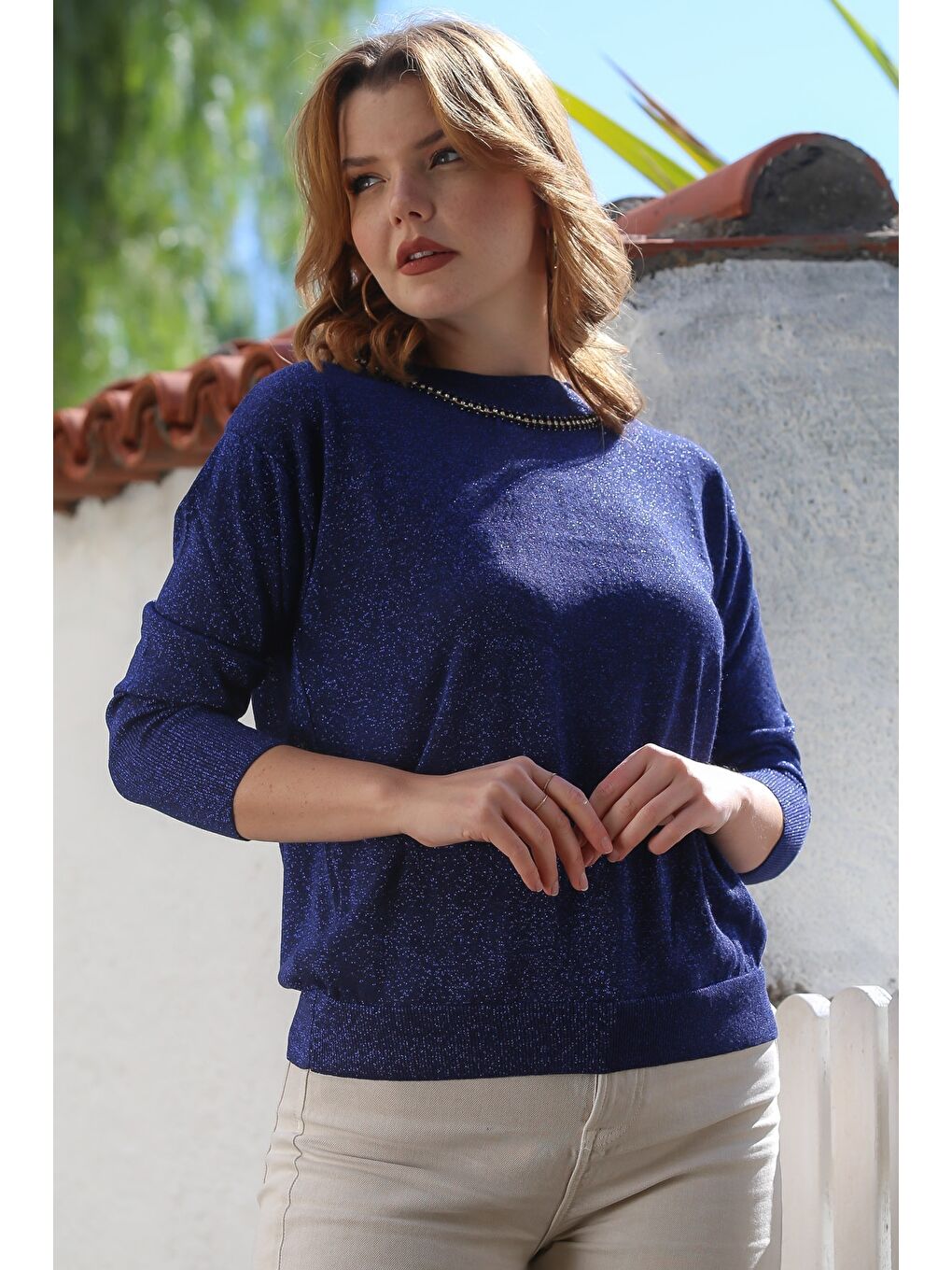 Lacivert Yuvarlak Yaka Uzun Kol İnce Taşlı Simli Triko Kazak 65 62-7