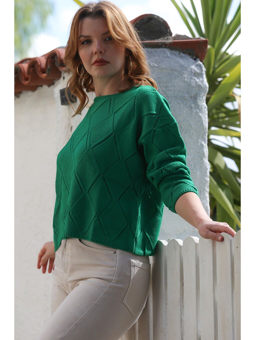 Yeşil Yuvarlak Yaka Uzun Kol Baklava Desenli Ajur Örgü Triko Kazak 55 62