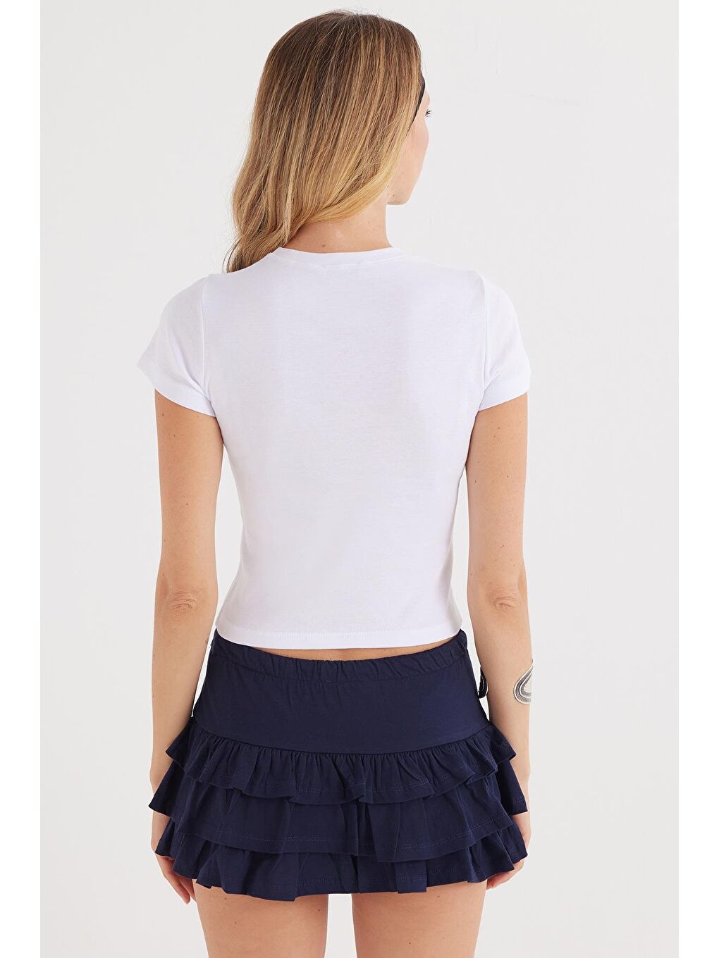 Kadın Slim Fit Dar Kesim Kısa Kollu Bisiklet Yaka Baskılı Beyaz Tişört-6