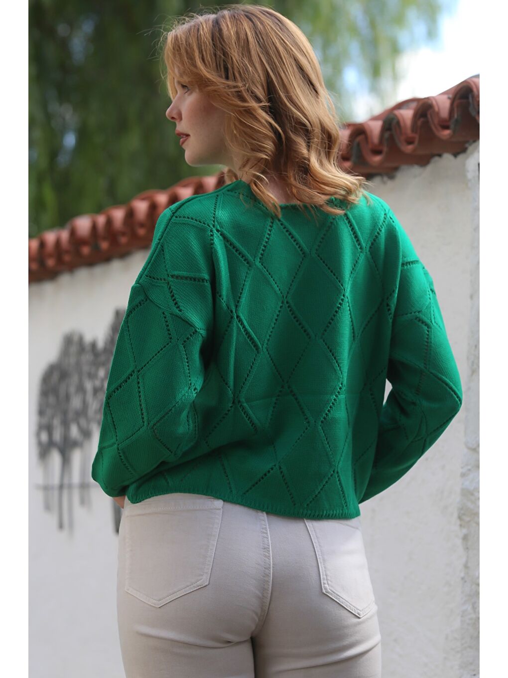 Yeşil Yuvarlak Yaka Uzun Kol Baklava Desenli Ajur Örgü Triko Kazak 55 62-1