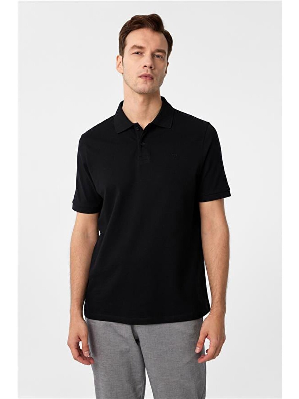 Siyah Regular Düz Polo Yaka Tişört-1