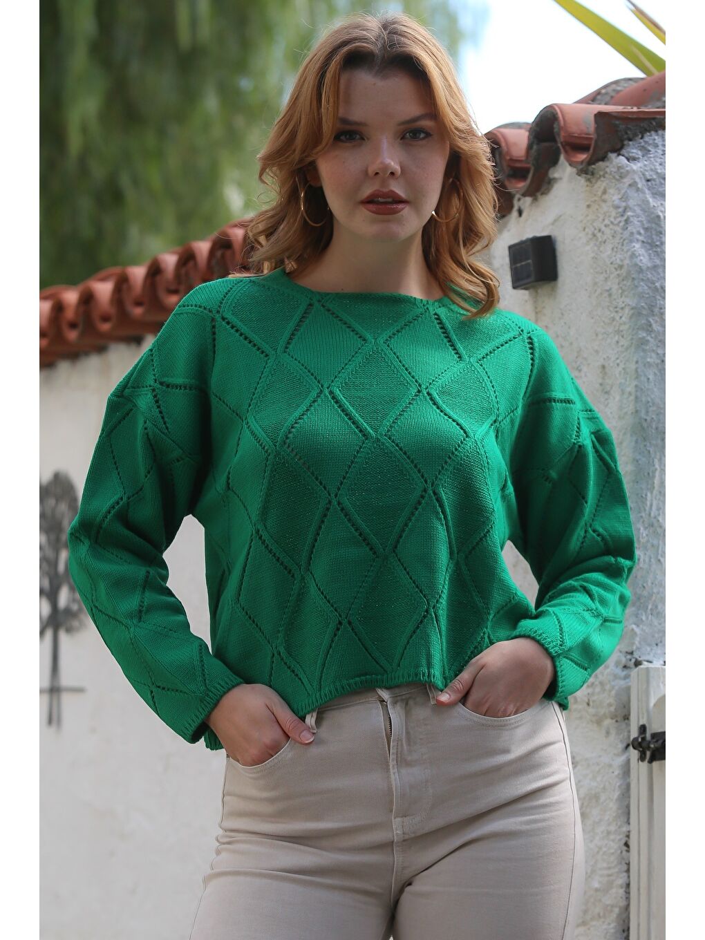 Yeşil Yuvarlak Yaka Uzun Kol Baklava Desenli Ajur Örgü Triko Kazak 55 62-2