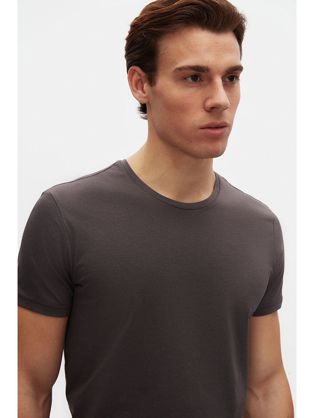 Slim Fit Antrasit Bisiklet Yaka %100 Pamuklu Nefes Alabilen Tişört-1