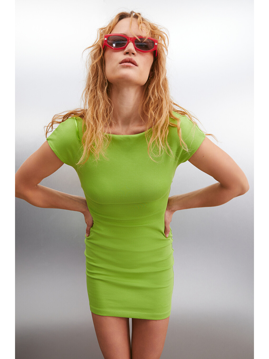 Arcene Kadın Organik Pamuklu Elastanlı Vücüdu Saran Bodycon Tek Parça Yeşil Elbise-3